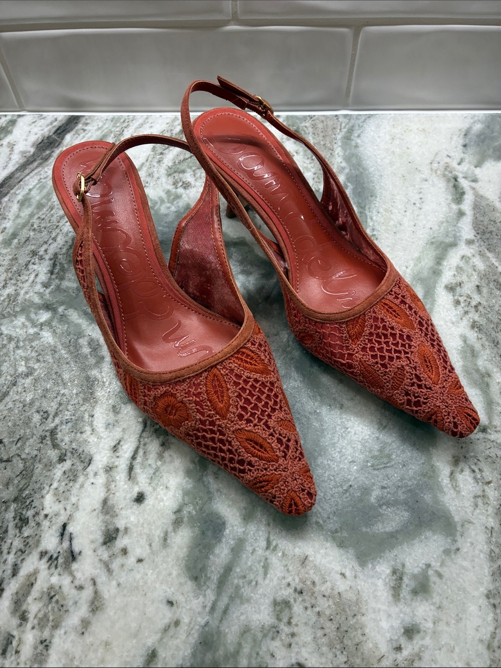 Rust Lace Pointed Slingback Heels by Sam Edelman.